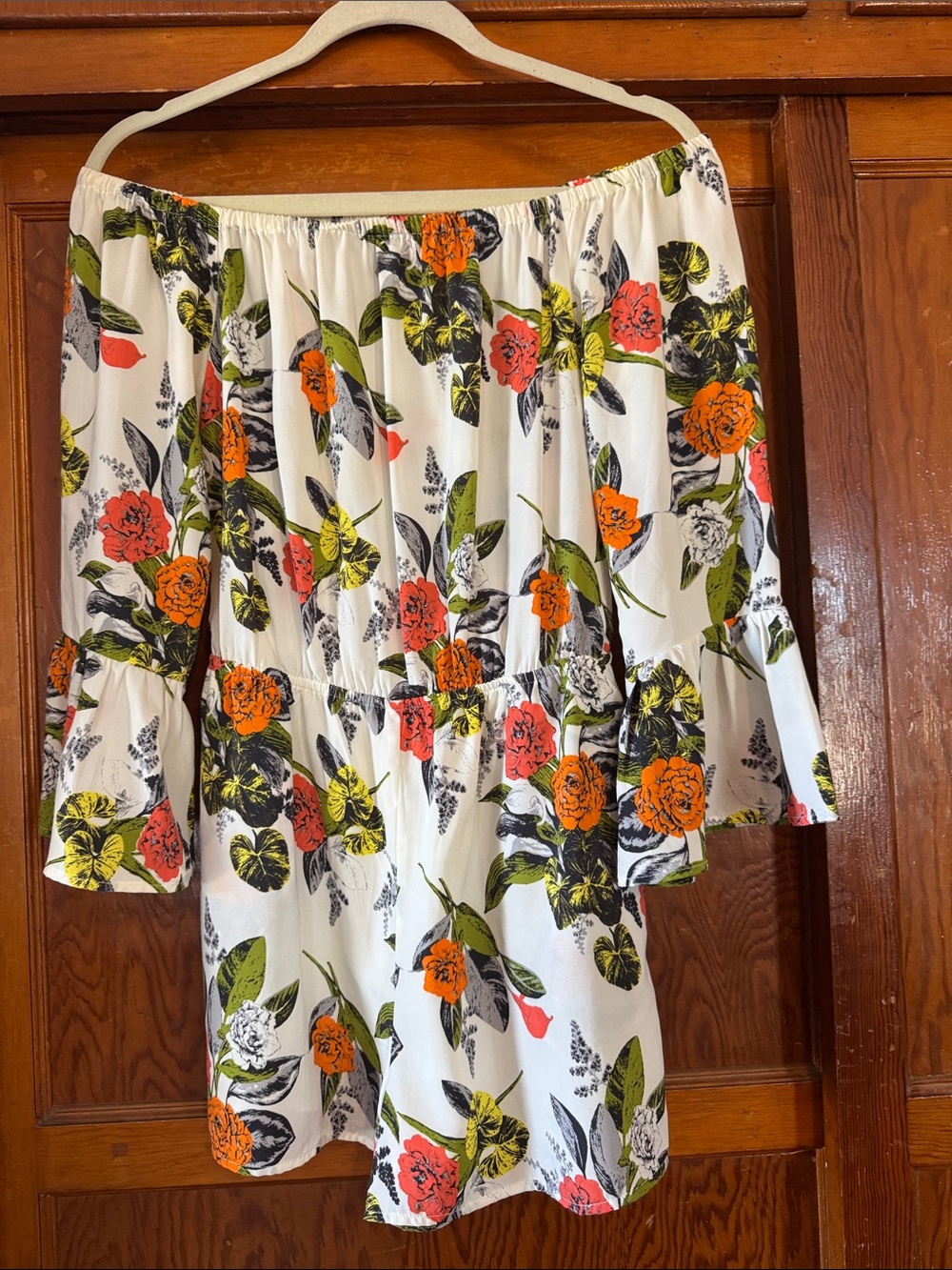 White Floral Off-Shoulder Jumper with Orange & Green Print